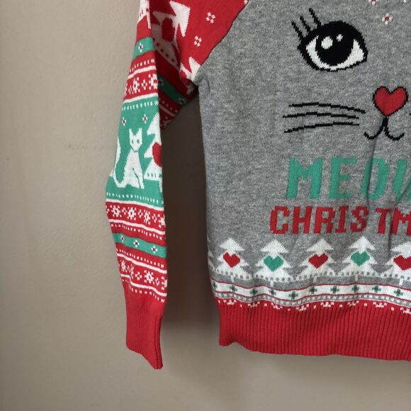 Kids Holiday Sweater Hoodie Size L 10-12 Gray Cat Motif Christmas Festive - Picture 4 of 6